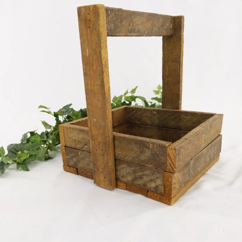 vtg Handmade Rustic Wooden Farmhouse‎ Crate Carry Basket Decor Planter Holder